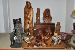 A COLLECTION OF WOODEN CARVINGS OF NATIVE AMERICANS, ORIENTAL FIGURES AND OTHER TREEN, ETC,