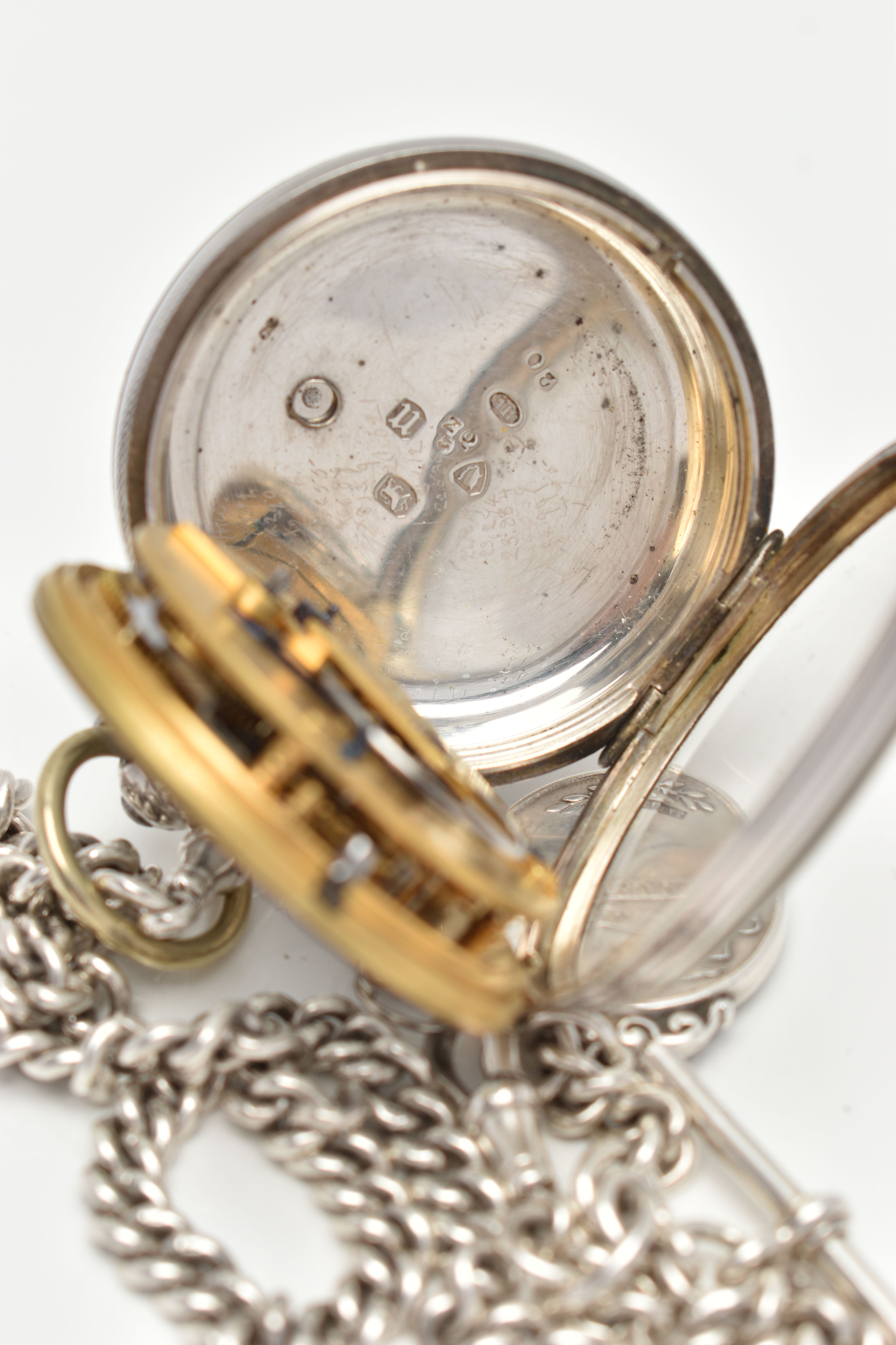A LATE VICTORIAN SILVER OPEN FACE POCKET WATCH AND AN ALBERT CHAIN, key wound, round white dial, - Image 5 of 7
