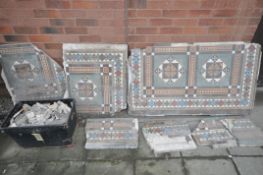 A SELECTION OF VICTORIAN MOSAIC TILES, mainly all one pattern, some sections attached to concrete