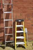 THREE SETS OF LADDERS comprising a set of Abru aluminium ladders with tool holder top, a set of
