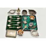A BOX OF ASSORTED SILVER ITEMS, to include a cased set of six old English pattern silver