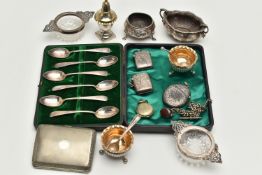 A BOX OF ASSORTED SILVER ITEMS, to include a cased set of six old English pattern silver