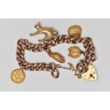 A ROSE METAL CHARM BRACELET, rose metal hollow curb link, fitted with a heart padlock clasp