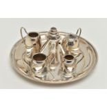 AN ELIZABETH II MINIATURE SILVER THREE PIECE TEA / COFFEE SET, ETC, comprising a teapot and cover,