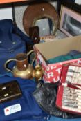 A BOX, A SUITCASE AND LOOSE METALWARES, WALKING STICKS, POSTCARDS AND SUNDRY ITEMS, to include a