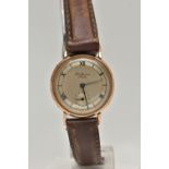 A GENTS 9CT GOLD 'J.W.BENSON' WRISTWATCH, manual wind (missing crown), round silvered dial signed '