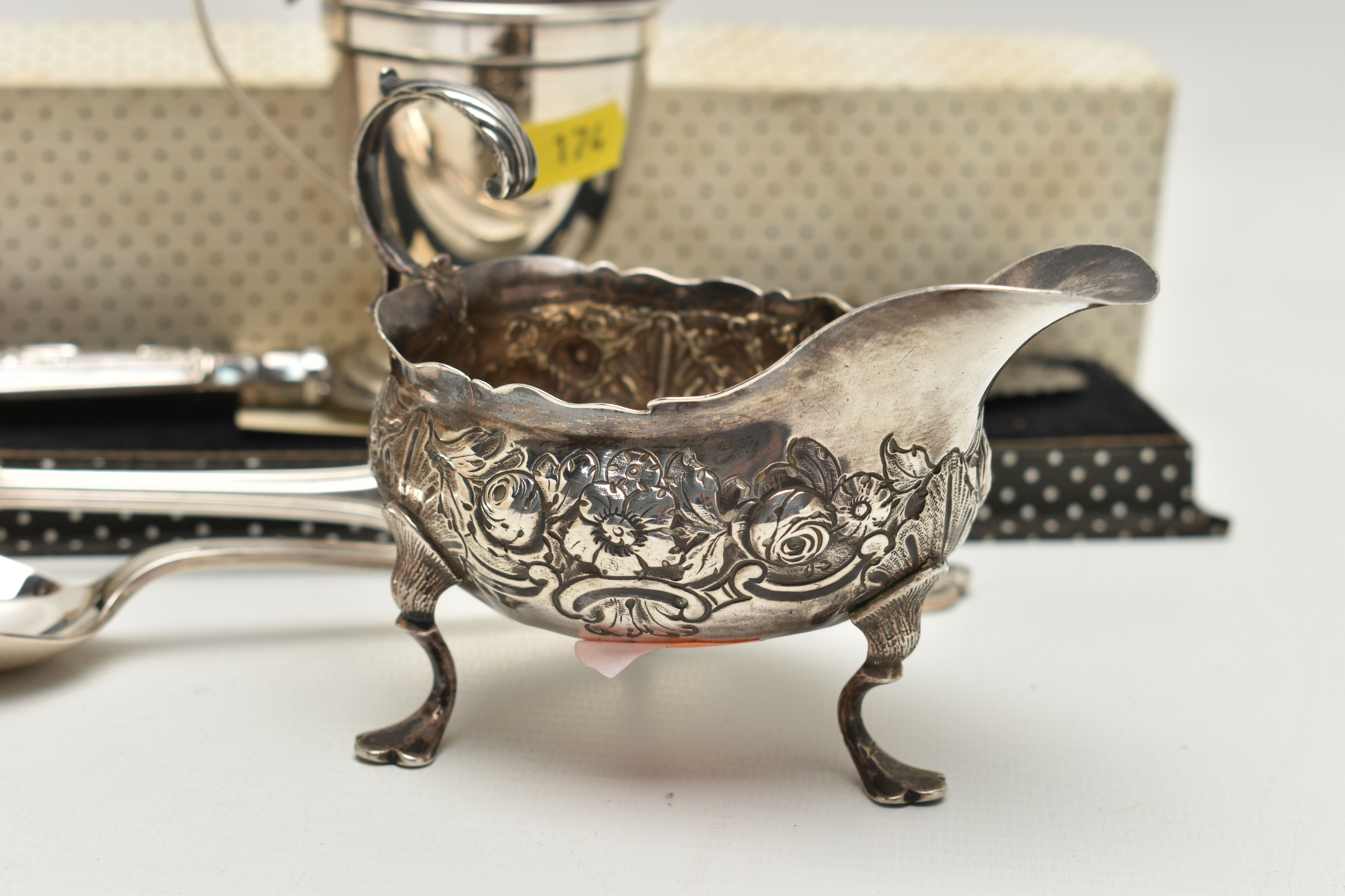 A SMALL PARCEL OF SILVER, comprising a George III silver sauce boat of oval form with S scroll - Image 3 of 5