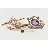 FOUR BROOCHES, the first set with an oval cut amethyst with a split pearl surround, in an unmarked