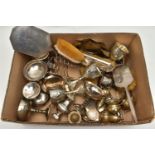 A BOX OF ASSORTED WHITE METAL WARE, to include two silver hair brushes, two silver lined clothes