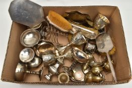 A BOX OF ASSORTED WHITE METAL WARE, to include two silver hair brushes, two silver lined clothes