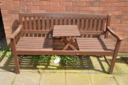 A WOODEN SLATTED GARDEN BENCH with a centre pop up table, length 160cm (condition:-centre table