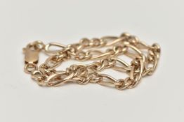 A YELLOW METAL FIGARO CHAIN BRACELET, fitted with a lobster clasp, stamped 375, length 220mm,