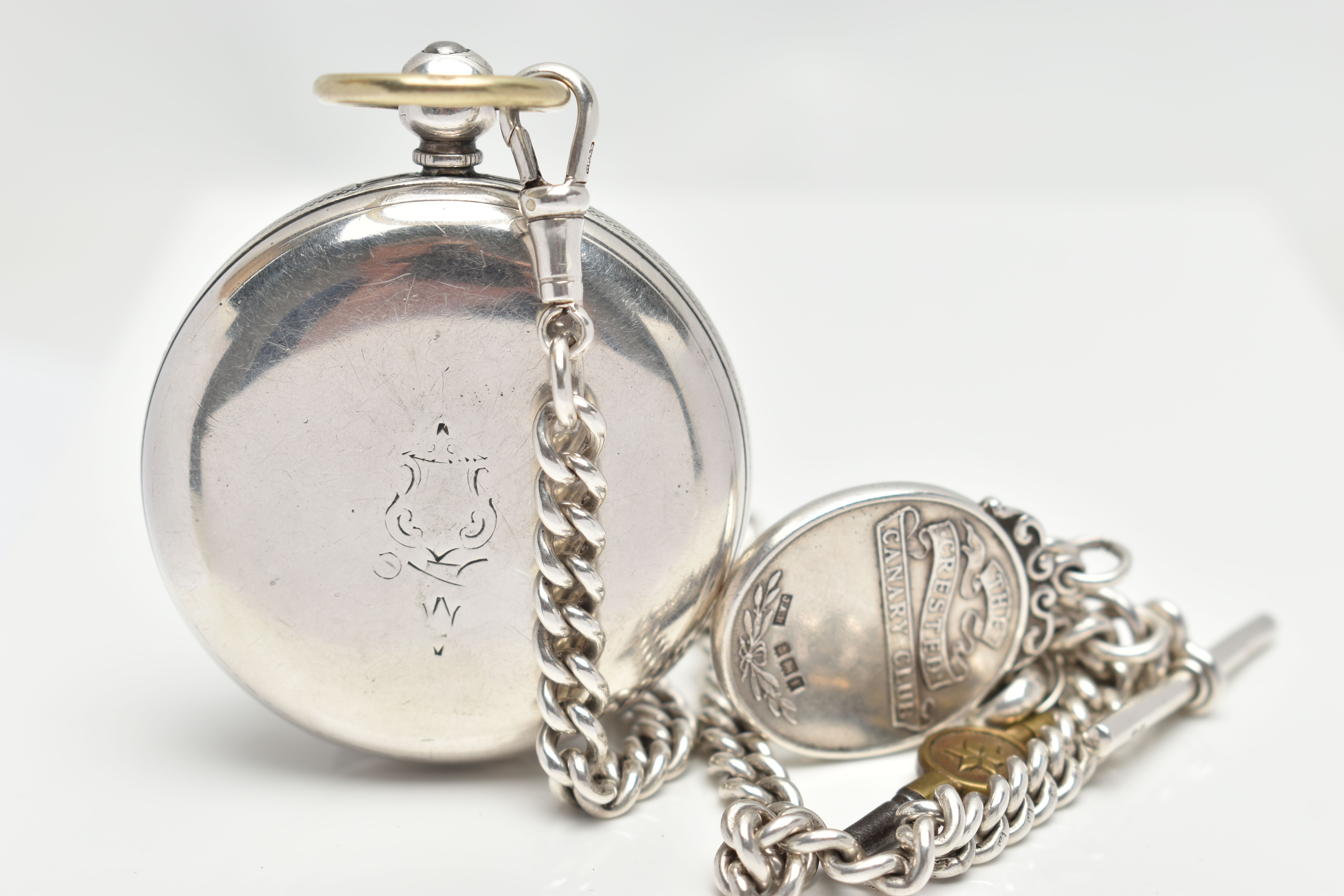 A LATE VICTORIAN SILVER OPEN FACE POCKET WATCH AND AN ALBERT CHAIN, key wound, round white dial, - Image 2 of 7