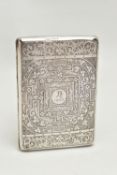 A VICTORIAN SILVER CALLING CARD AND STAMP CASE WITH DIVIDED TAN KID LEATHER LINED INTERIOR,