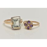 TWO GEM SET RINGS, the first a yellow gold quatrefoil ring set with four oval cut amethyst, accented