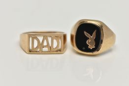 TWO 9CT GOLD RINGS, the first an onyx playboy signet ring, depicting the playboy bunny, collet set