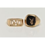 TWO 9CT GOLD RINGS, the first an onyx playboy signet ring, depicting the playboy bunny, collet set