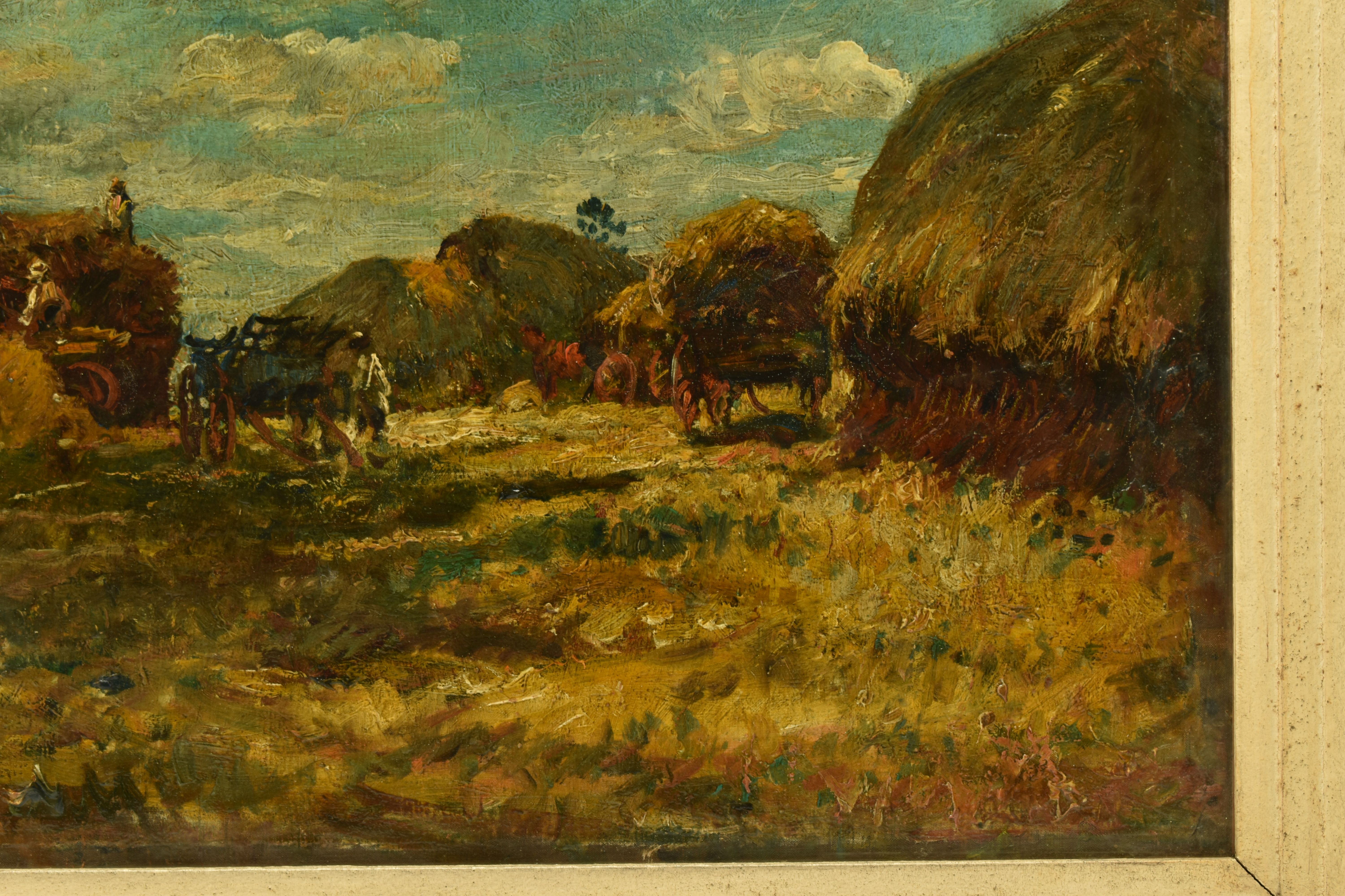 CIRCLE OF MARK FISHER (1841-1923) 'HAYSTACKS, WIDDINGTON, ESSEX', a harvesting scene with figures - Image 5 of 9