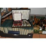 TWO BOXES AND LOOSE BOOKS, CUTLERY, CASES, BRASS FIRESIDE COMPANION SET, ETC, including twenty-two