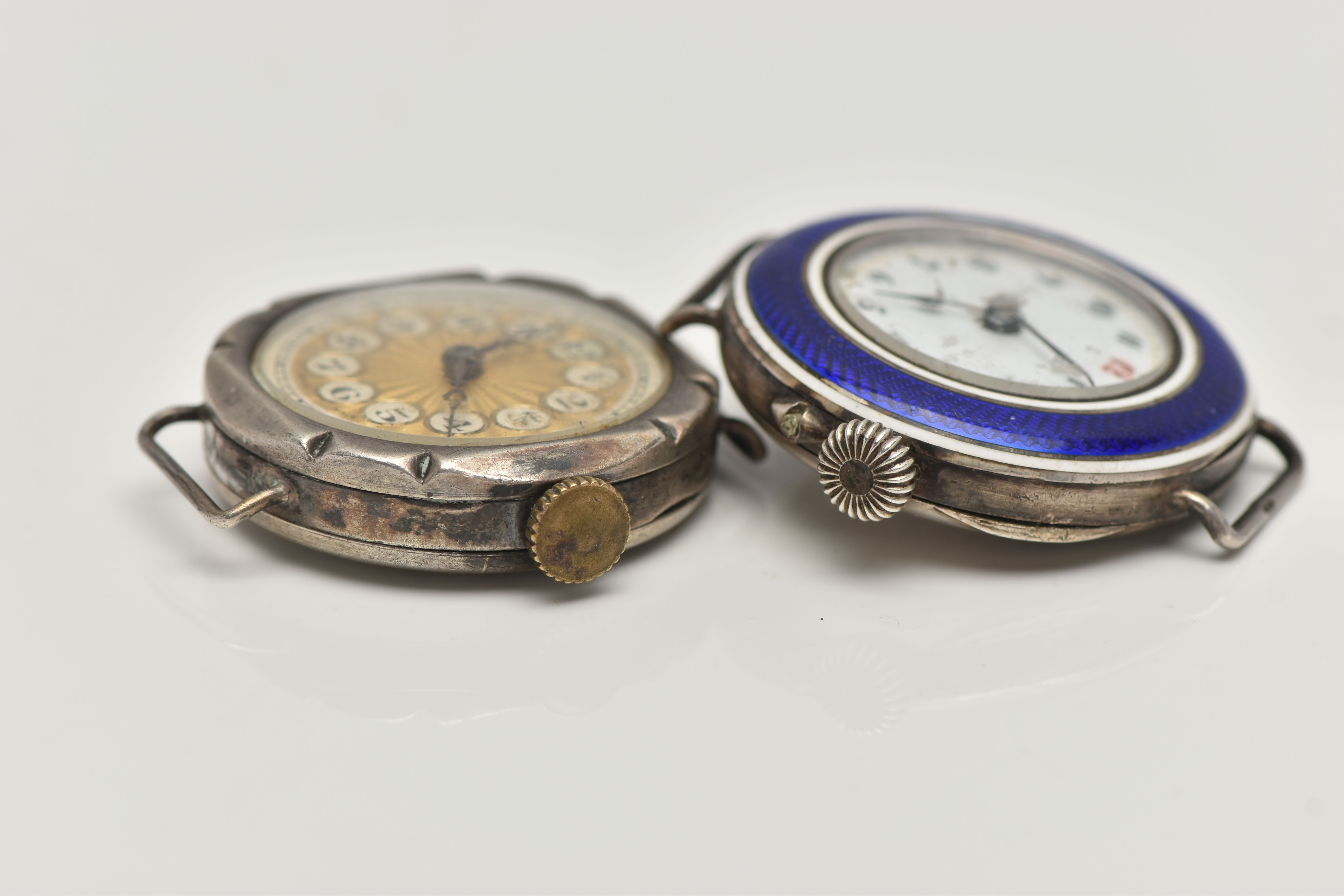 TWO EARLY 20TH CENTURY SILVER WATCH HEADS, the first with blue enamel detail, hallmarked London - Image 3 of 4