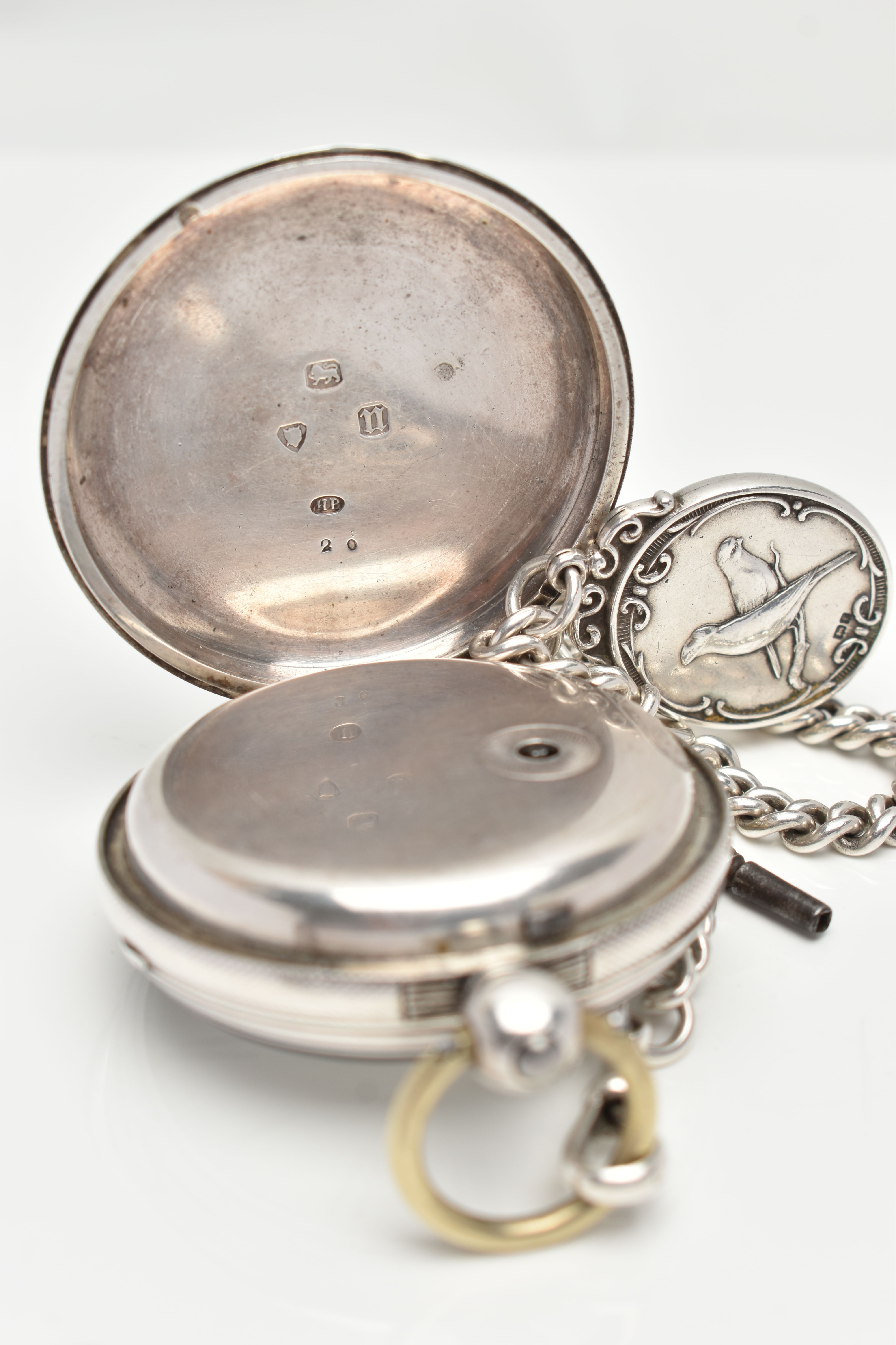 A LATE VICTORIAN SILVER OPEN FACE POCKET WATCH AND AN ALBERT CHAIN, key wound, round white dial, - Image 4 of 7