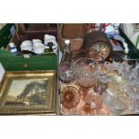 TWO BOXES AND LOOSE SUNDRY ITEMS ETC, to include glass art deco dressing table items, set of six cut