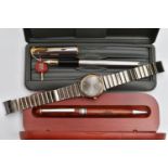 TWO BOXED PENS AND A WATCH, the first a boxed 'Parker Sonnet' fountain pen fitted with an 18k nib,