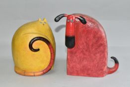 TWO GOVINDER NAZRAN SCULPTURES, comprising a large round yellow and orange cat sculpture, titled '
