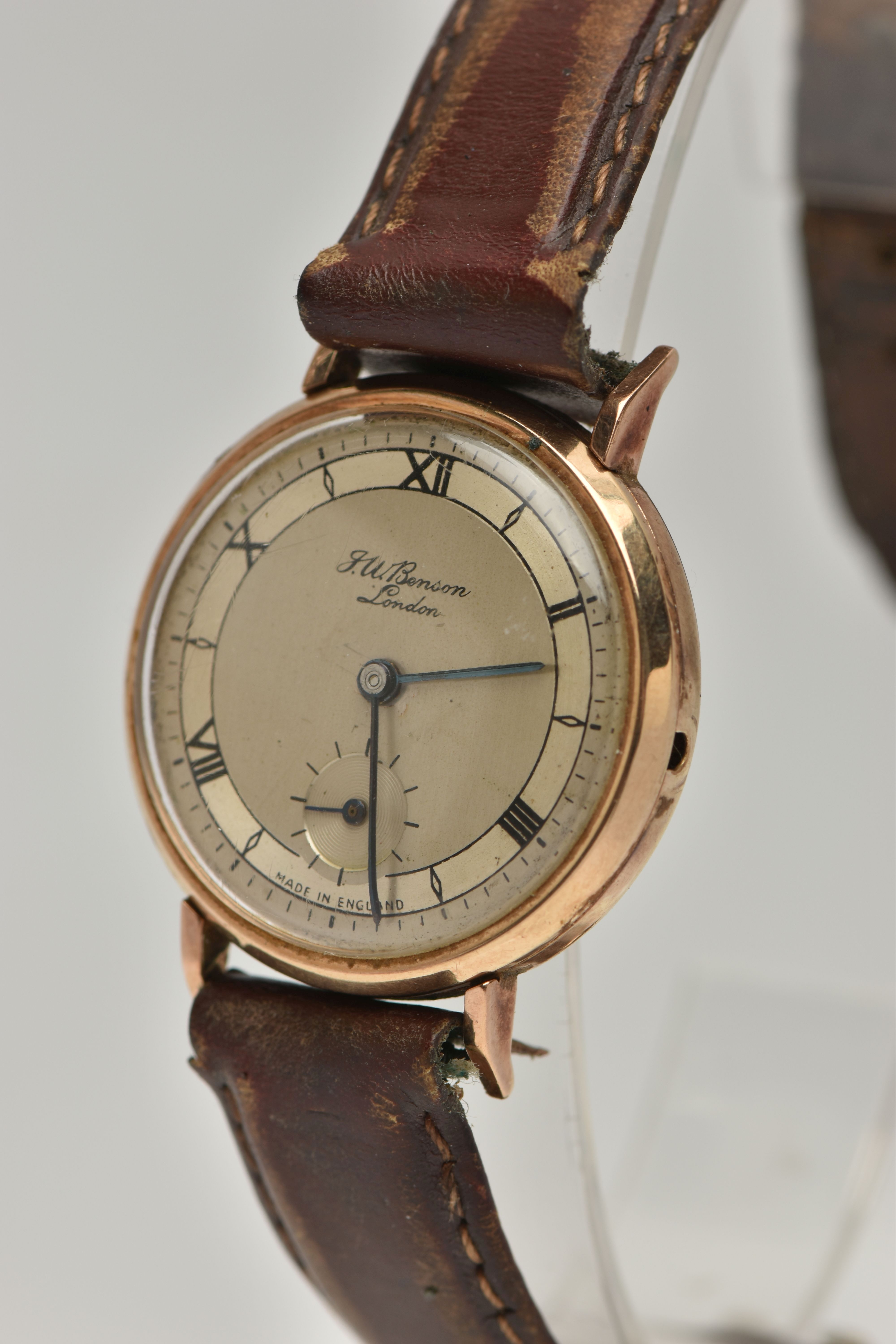 A GENTS 9CT GOLD 'J.W.BENSON' WRISTWATCH, manual wind (missing crown), round silvered dial signed ' - Bild 3 aus 6