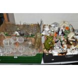 FOUR BOXES OF CERAMICS, GLASS, ETC, including a Victorian Staffordshire spill vase, a pair of