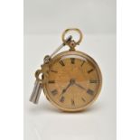 A LATE VICTORIAN 18CT GOLD OPEN FACE POCKET WATCH, key wound, gold floral detailed dial, Roman