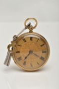 A LATE VICTORIAN 18CT GOLD OPEN FACE POCKET WATCH, key wound, gold floral detailed dial, Roman