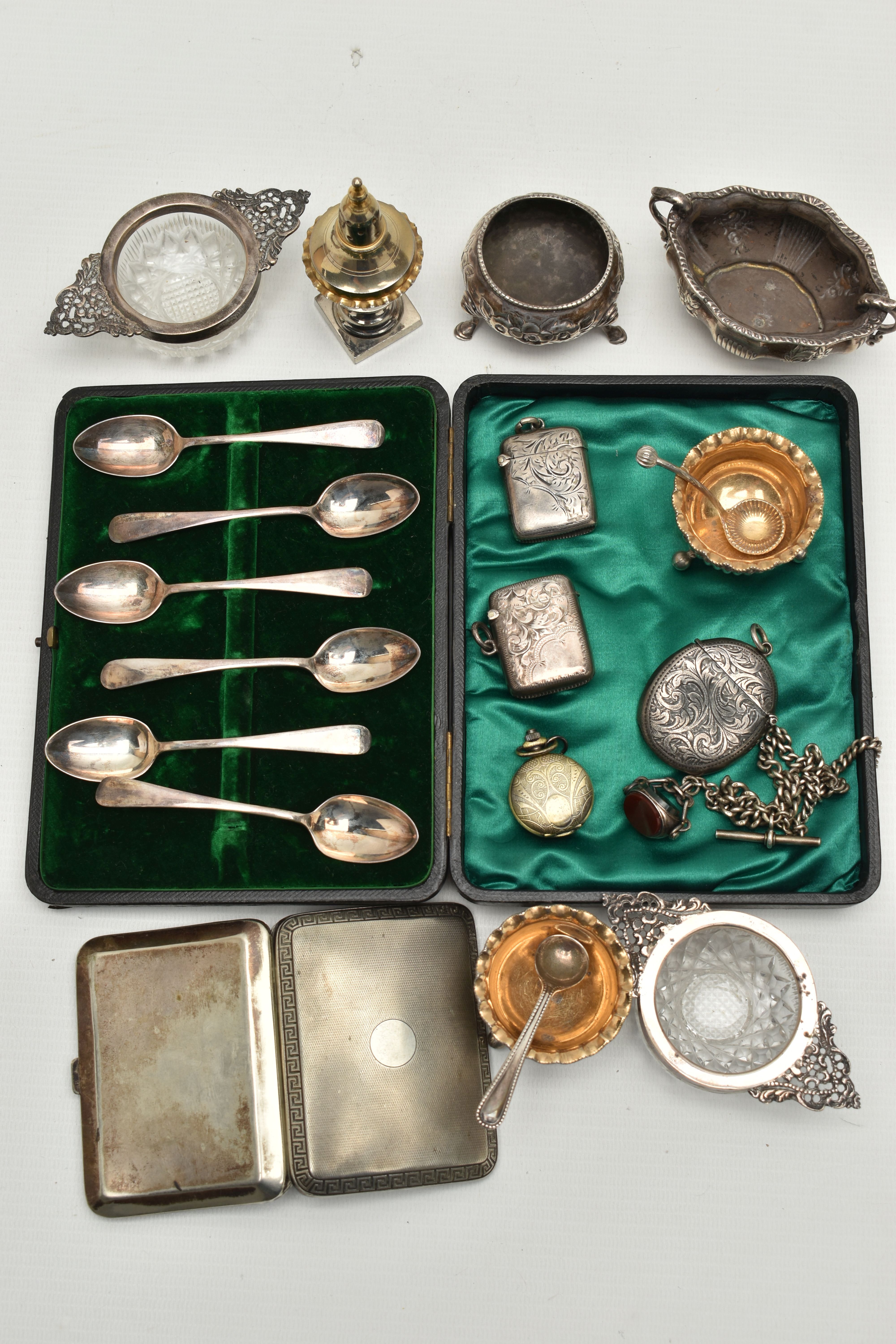 A BOX OF ASSORTED SILVER ITEMS, to include a cased set of six old English pattern silver - Image 5 of 14