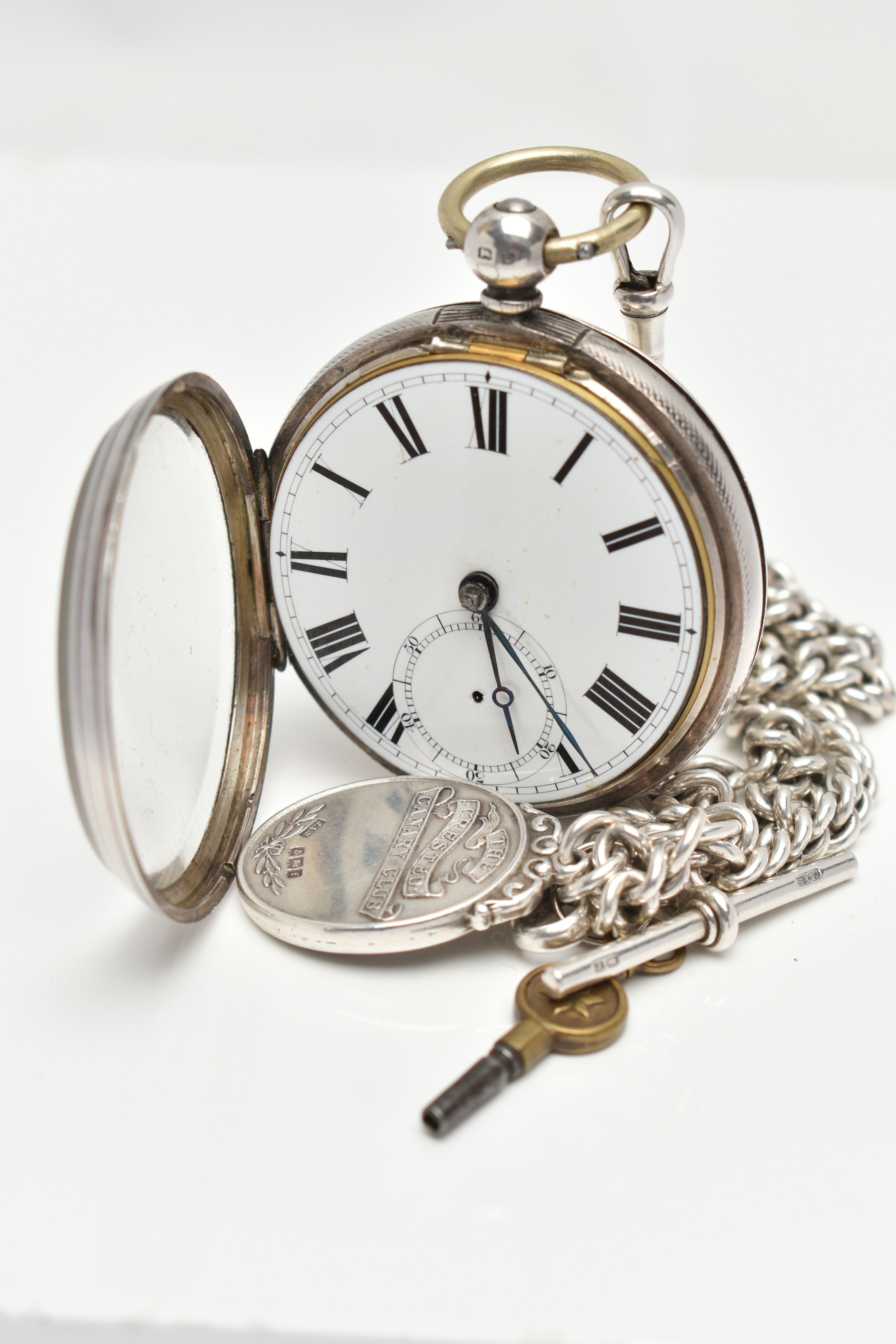 A LATE VICTORIAN SILVER OPEN FACE POCKET WATCH AND AN ALBERT CHAIN, key wound, round white dial, - Image 3 of 7