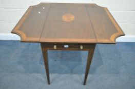 A GEORGIAN MAHOGANY AND CROSSBANDED PEMBROKE TABLE, with a single drawer, width 51cm x depth 89cm