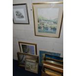 A SMALL QUANTITY OF PAINTINGS AND PRINTS ETC, to include a watercolour depicting boats and