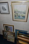 A SMALL QUANTITY OF PAINTINGS AND PRINTS ETC, to include a watercolour depicting boats and