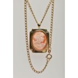 A 9CT GOLD CAMEO PENDANT/BROOCH AND CHAIN, the oval carved shell cameo depicting a lady in