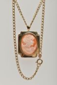 A 9CT GOLD CAMEO PENDANT/BROOCH AND CHAIN, the oval carved shell cameo depicting a lady in