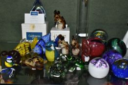 A COLLECTION OF PAPERWEIGHTS AND DECORATIVE GLASSWARES, to include a boxed Caithness Ascension