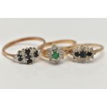 THREE 9CT GOLD GEM SET RINGS, the first a small emerald and diamond cluster ring, hallmarked 9ct
