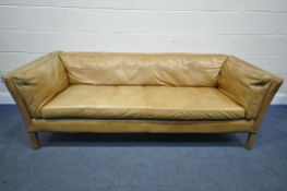 A JOHN LEWIS TAN LEATHER SOFA, width 198cm x depth 80cm x height 64cm (condition:- discolouration in