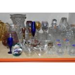 A GROUP OF COLOURED AND CLEAR GLASSWARE, including a set of six Royal Doulton tumblers, a ship in