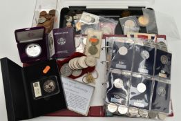 CARDBOARD BOX OF MIXED COINS AND COIN ALBUM, to include a boxed USA one ounce Silver Eagle 1986, a