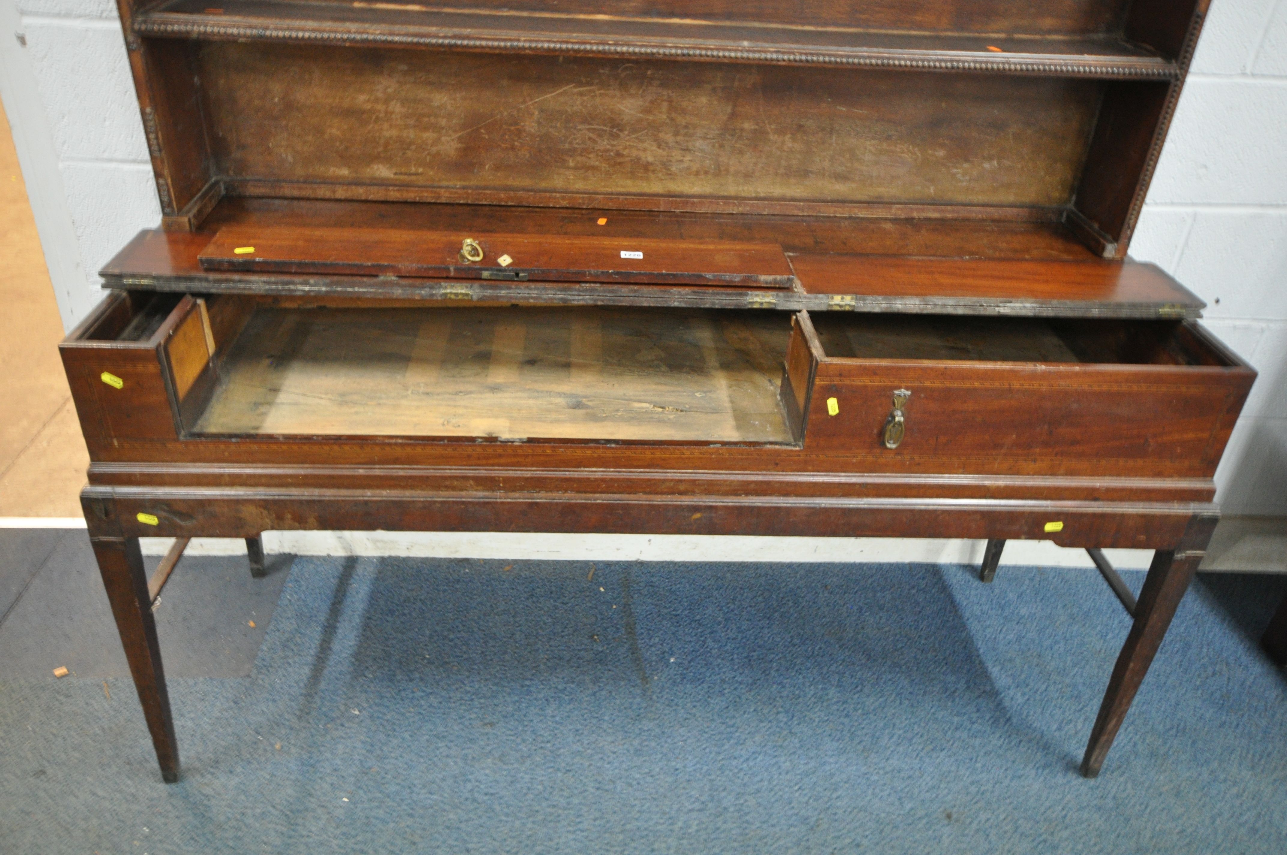 A PART GEORGIAN MAHOGANY AND INLAID PIANOFORTE/DRESSER, the later plate rack top on a pianoforte - Image 3 of 3