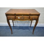 A REPRODCUTION FRENCH CHERRYWOOD SERPENTINE LADIES DRESSING TABLE, with three divisions, including