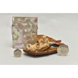A VICTORIAN MOTHER OF PEARL CARD CASE, A CASED MEERSCHAUM PIPE AND TWO SILVER ST. CHRISTOPHER
