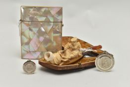 A VICTORIAN MOTHER OF PEARL CARD CASE, A CASED MEERSCHAUM PIPE AND TWO SILVER ST. CHRISTOPHER