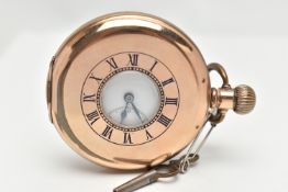 A GOLD PLATED HALF HUNTER POCKET WATCH, manual wind, round white dial, Roman numerals, blue steel