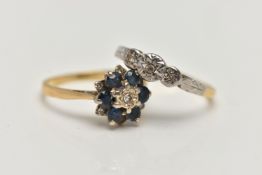 TWO GEM SET RINGS, to include a sapphire and diamond cluster ring, with a central single cut diamond